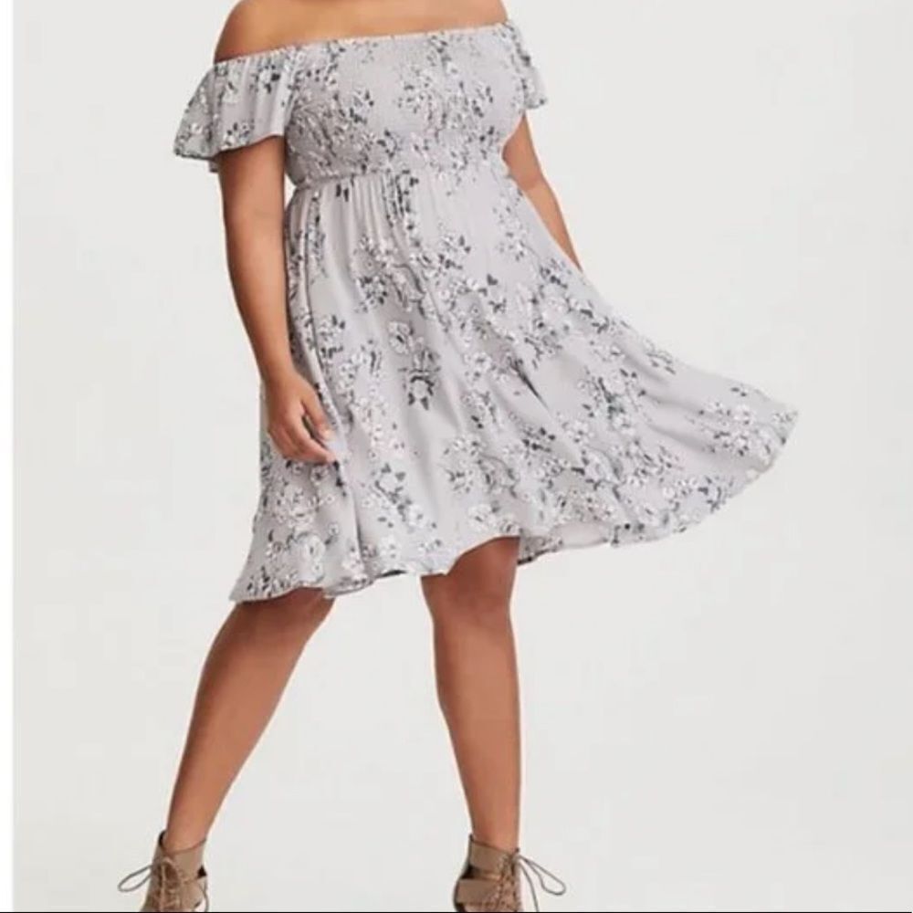 Torrid gray floral off the shoulder fit flare 1x